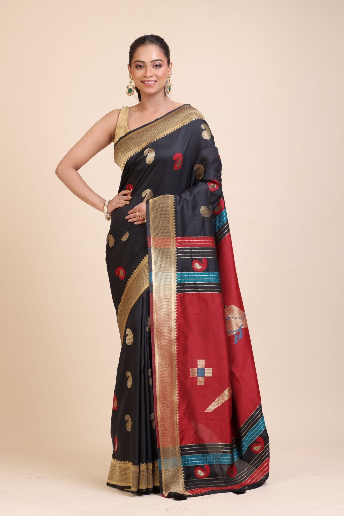 Black Paithani Silk Saree With Golden Border and Red Pallu - Anvi Couture