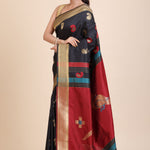 Black Paithani Silk Saree With Golden Border and Red Pallu Front
