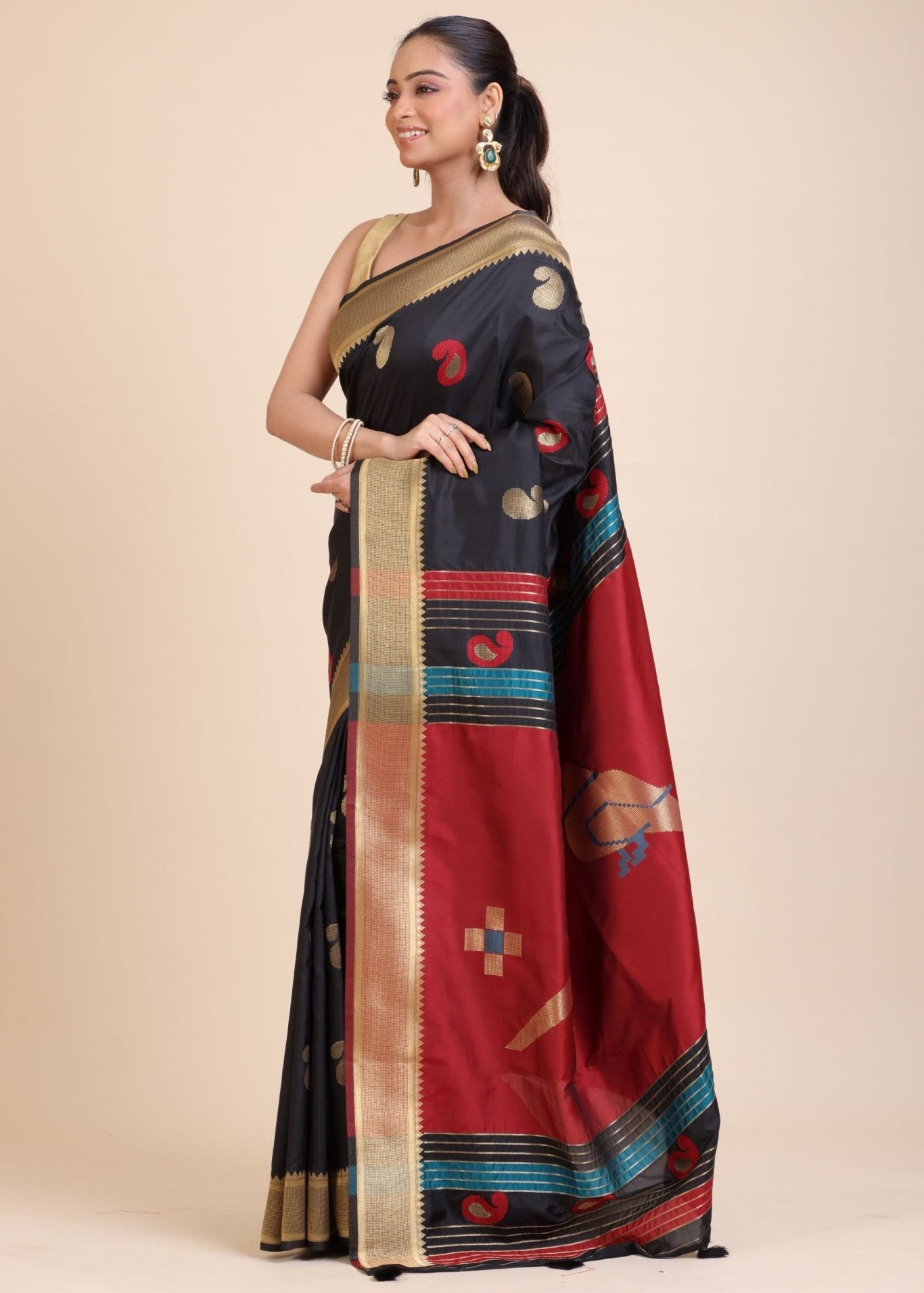 Black Paithani Silk Saree With Golden Border and Red Pallu - Anvi Couture