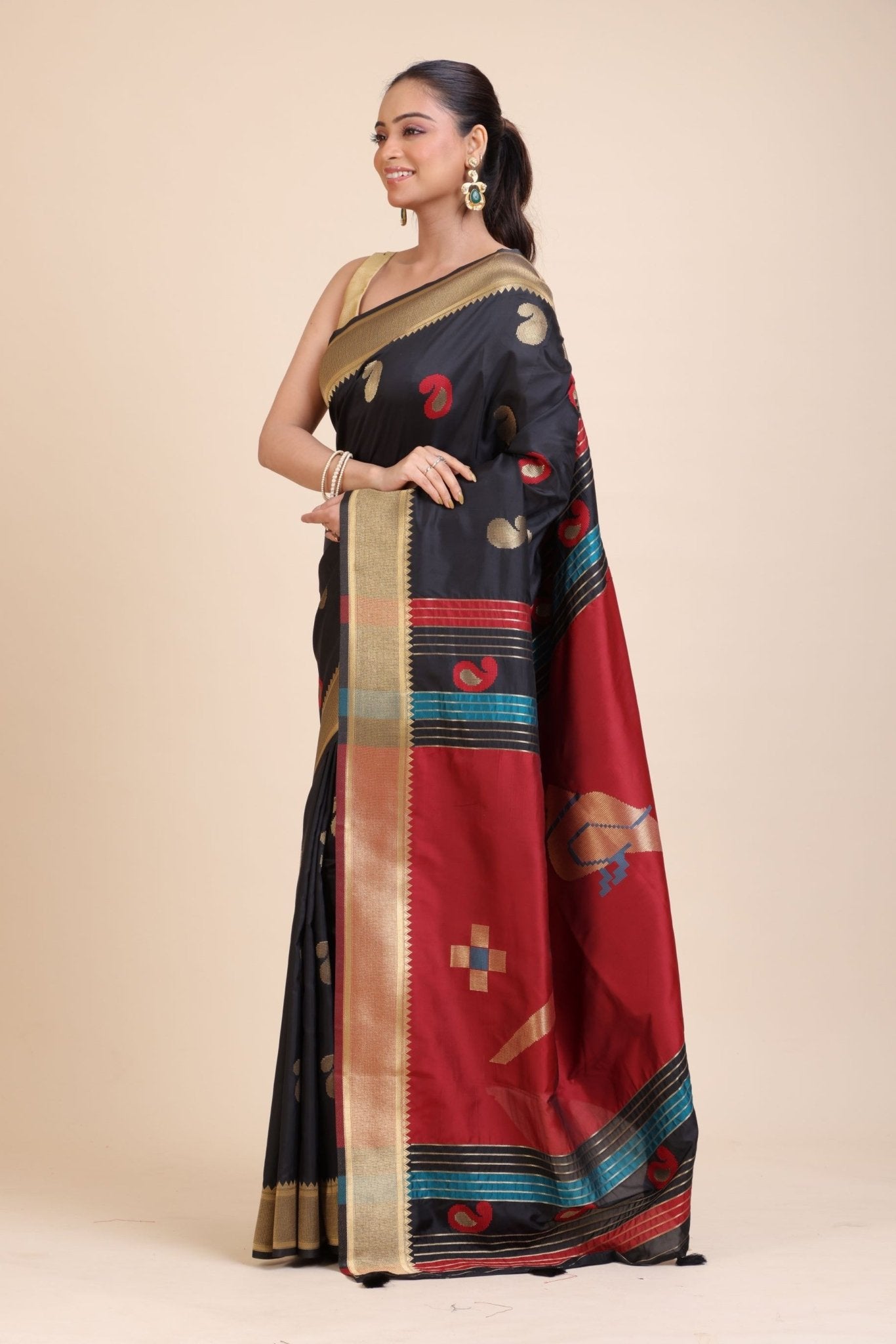 Black Paithani Silk Saree With Golden Border and Red Pallu - Anvi Couture