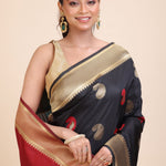 Black Paithani Silk Saree With Golden Border and Red Pallu Close Up
