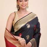 Black Paithani Silk Saree With Golden Border and Red Pallu Close Up
