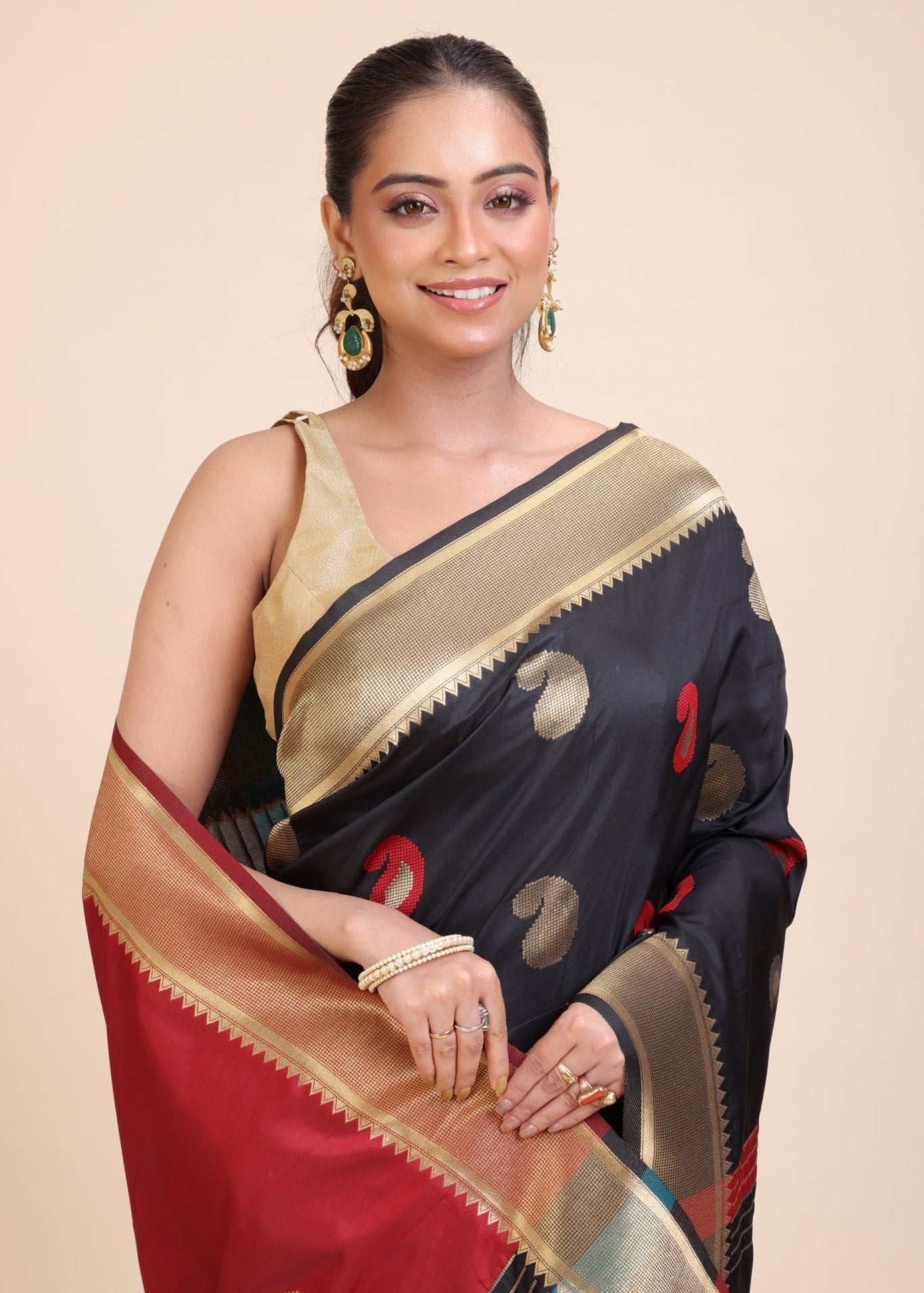 Black Paithani Silk Saree With Golden Border and Red Pallu - Anvi Couture
