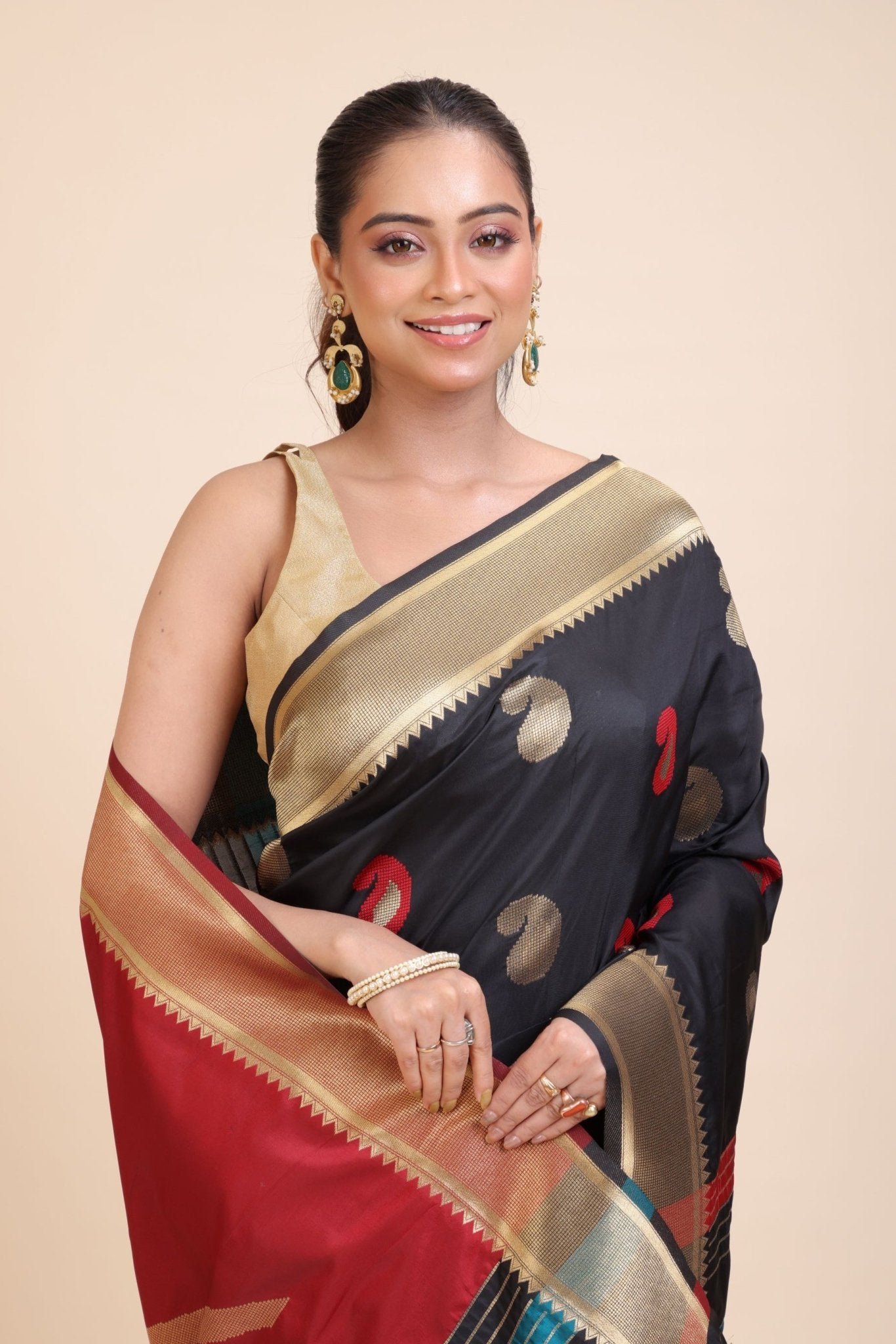 Black Paithani Silk Saree With Golden Border and Red Pallu - Anvi Couture