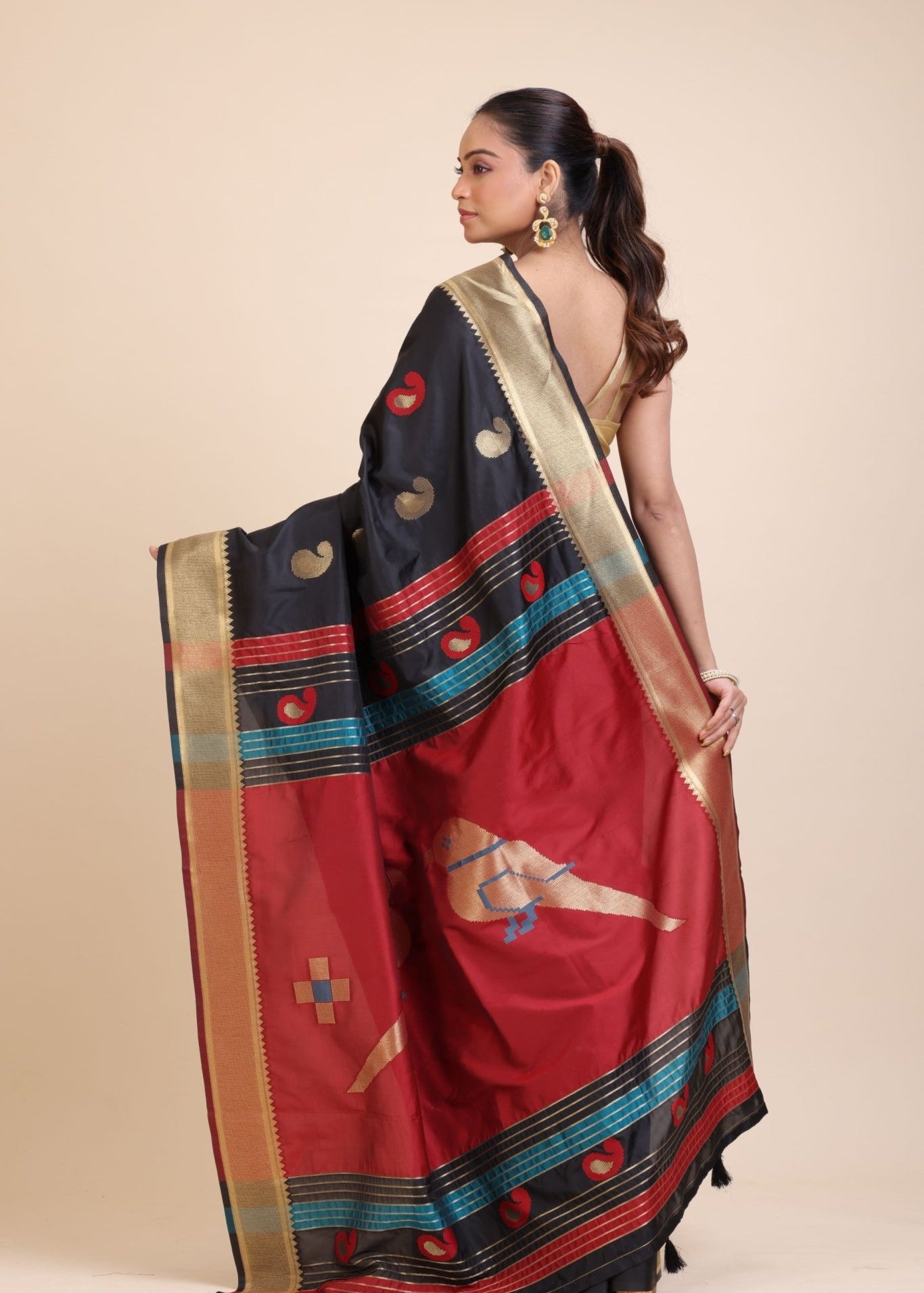 Black Paithani Silk Saree With Golden Border and Red Pallu - Anvi Couture