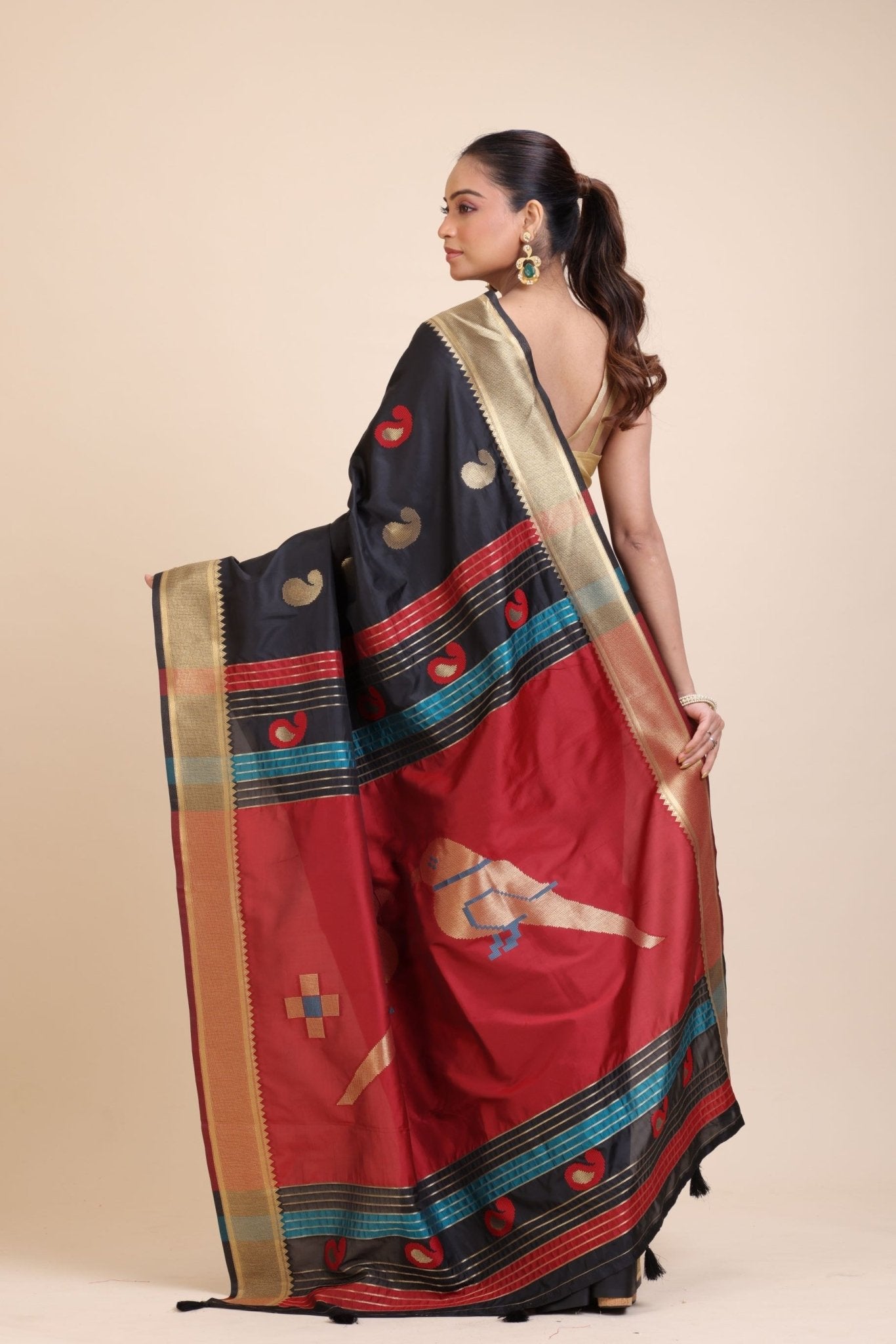 Black Paithani Silk Saree With Golden Border and Red Pallu - Anvi Couture