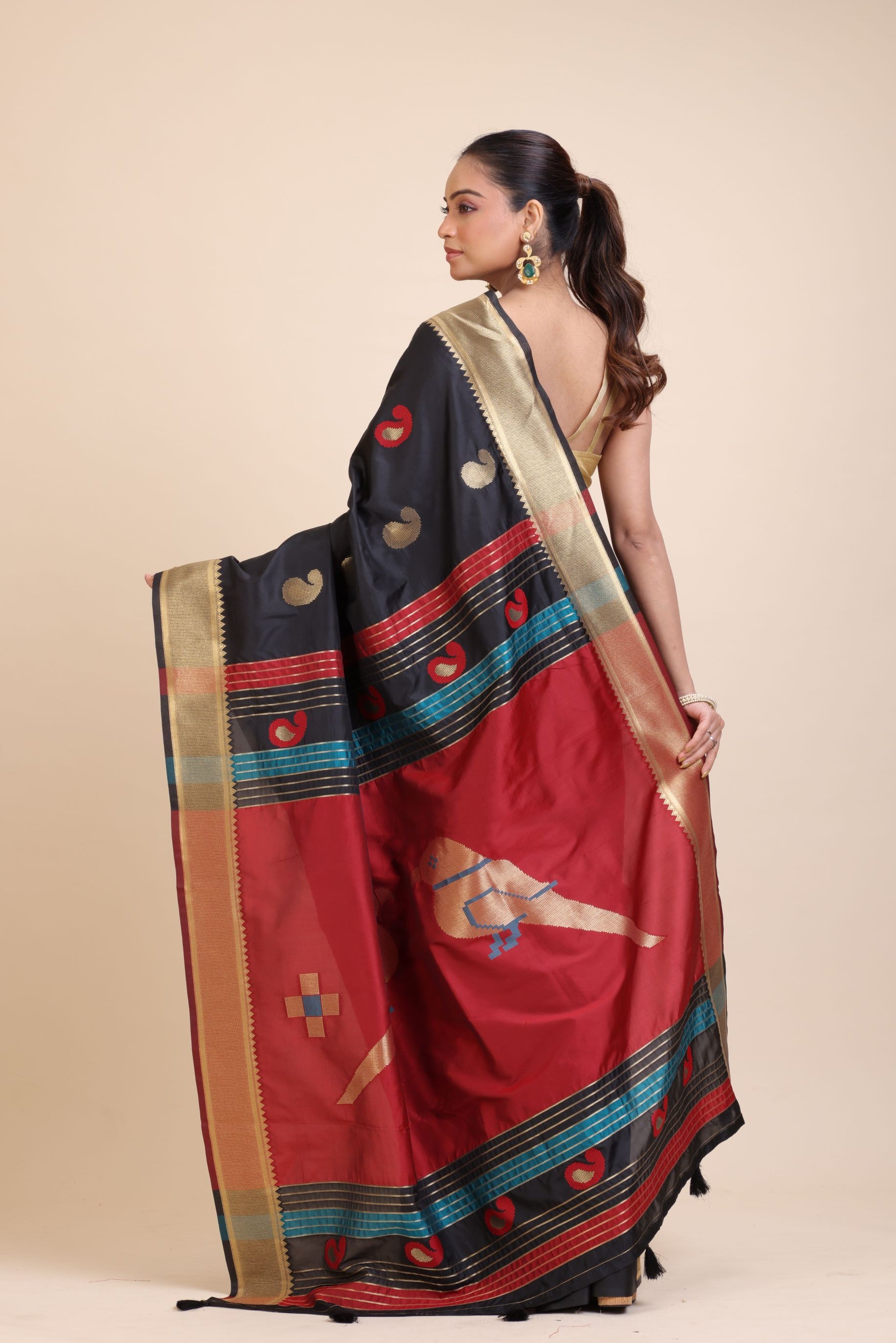 Black Paithani Silk Saree With Golden Border and Red Pallu Back
