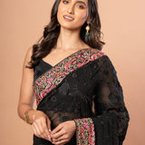 Black Parsigara Saree With Multicolor Embroidered Border - Anvi Couture