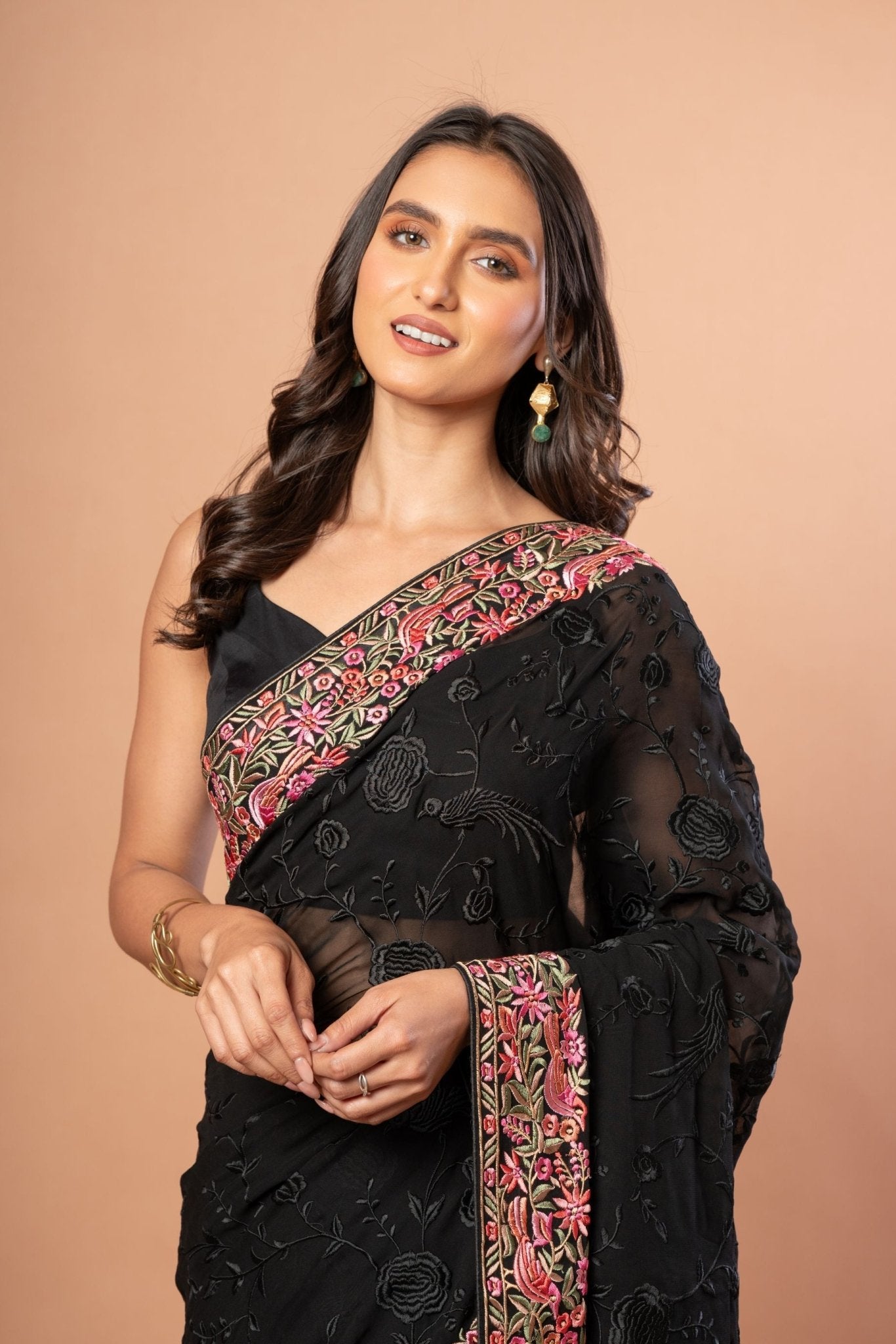 Black Parsigara Saree With Multicolor Embroidered Border - Anvi Couture
