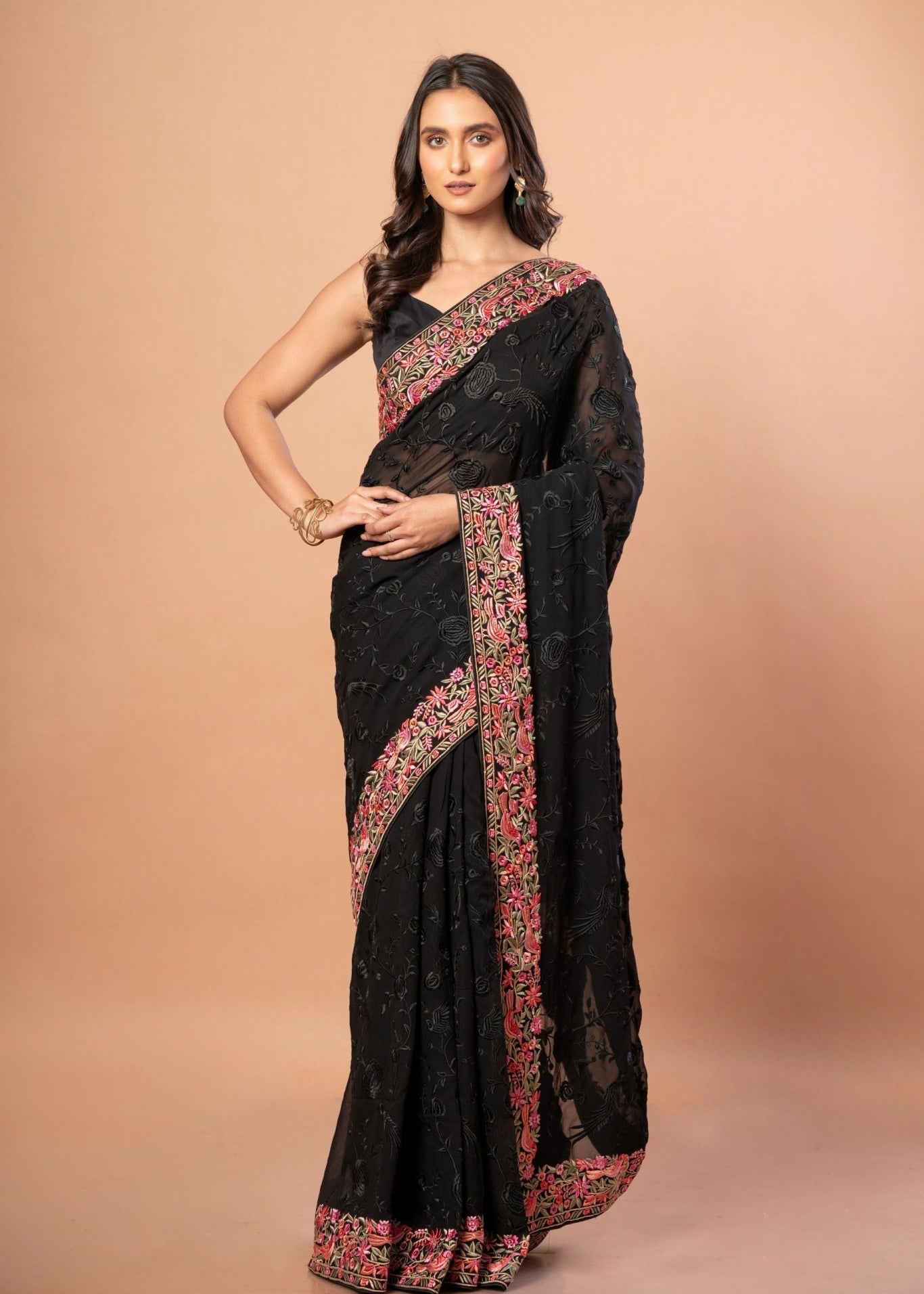 Black Parsigara Saree With Multicolor Embroidered Border - Anvi Couture