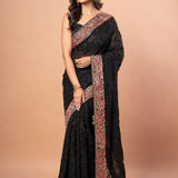 Black Parsigara Saree With Multicolor Embroidered Border - Anvi Couture