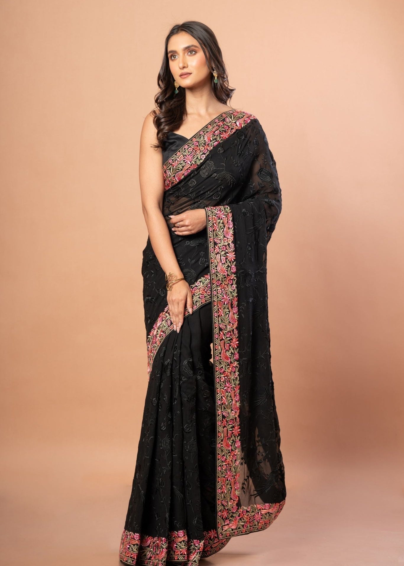 Black Parsigara Saree With Multicolor Embroidered Border - Anvi Couture