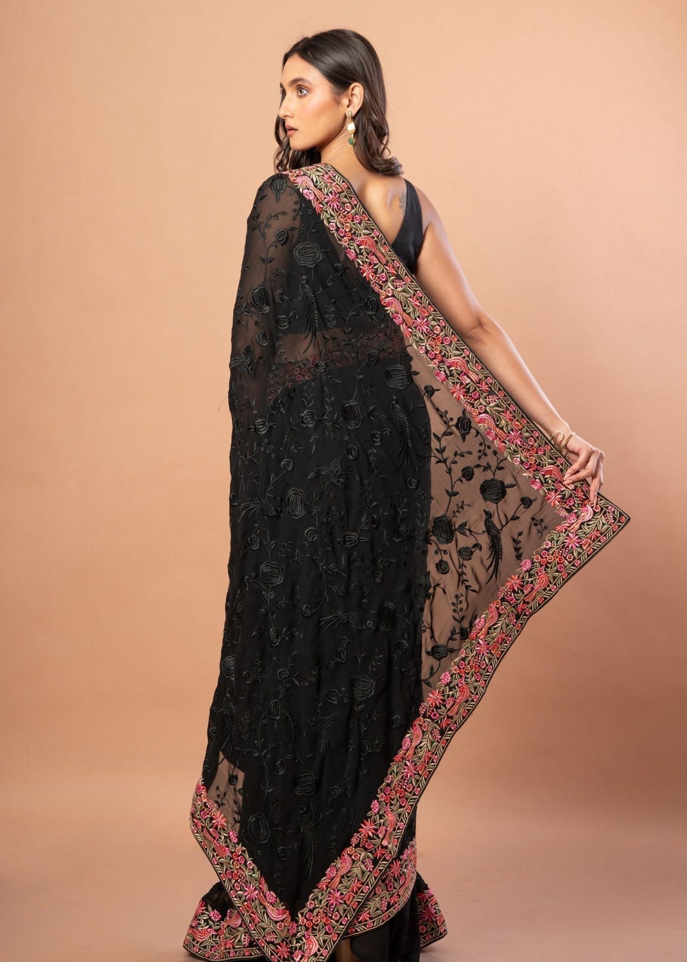 Black Parsigara Saree With Multicolor Embroidered Border - Anvi Couture