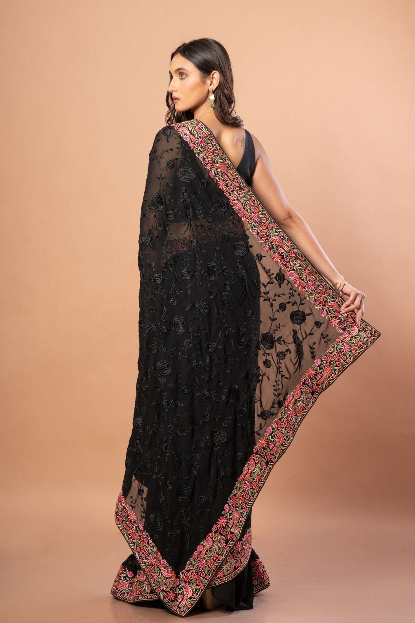 Black Parsigara Saree With Multicolor Embroidered Border - Anvi Couture
