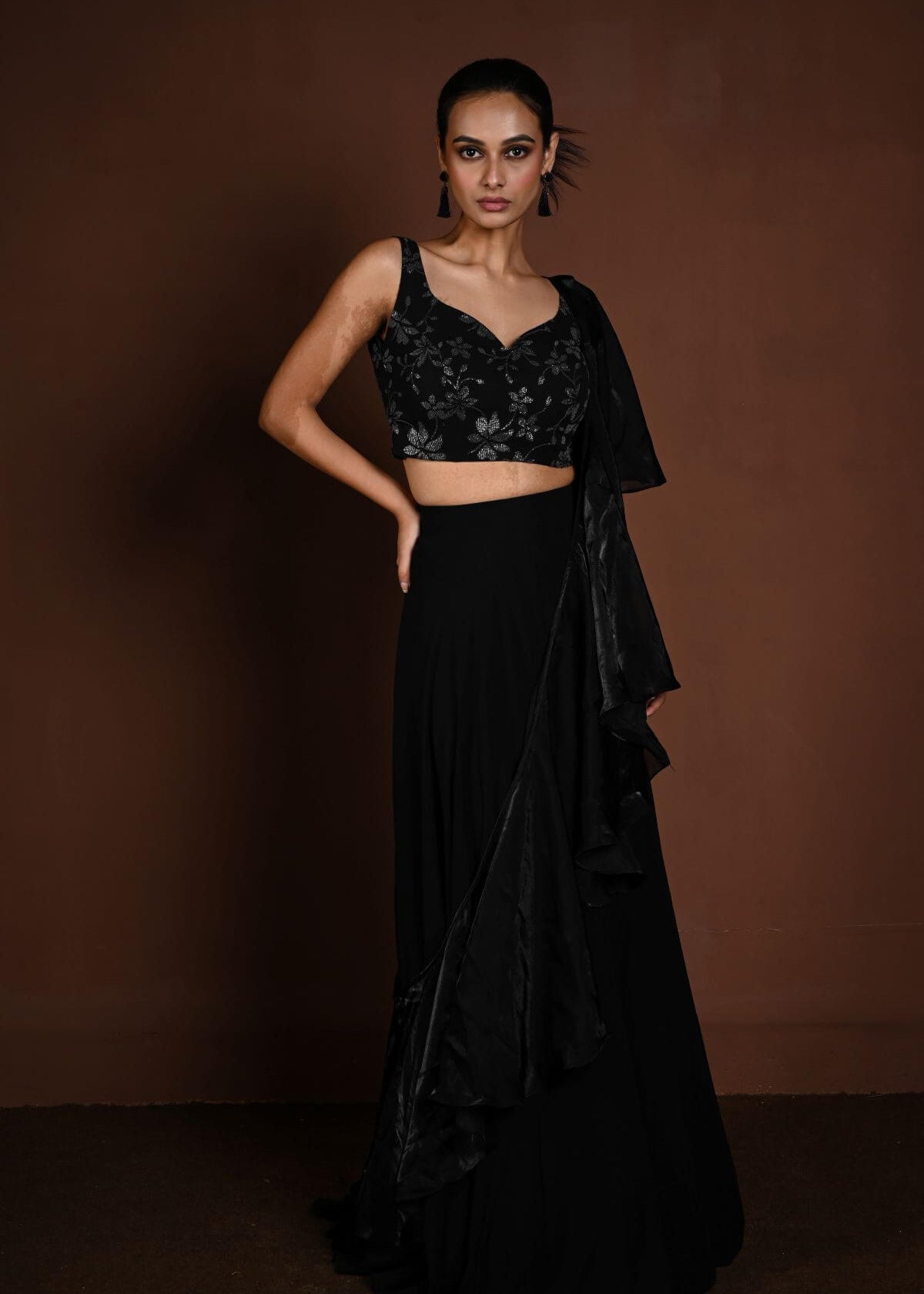 Black Party Wear Lehenga with Floral Motif Choli and Ruffle Dupatta