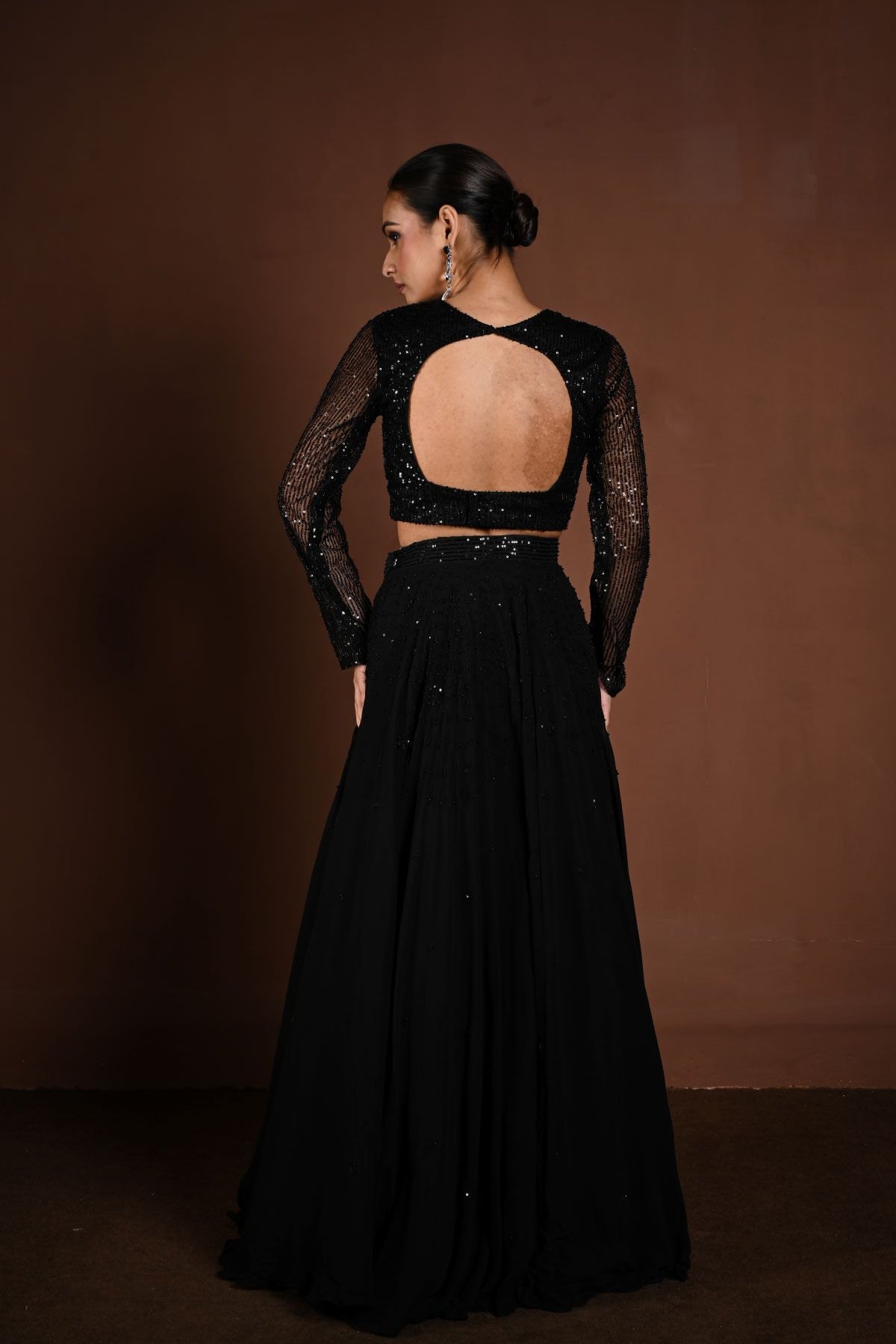 Black Party Wear Lehenga with Full Sleeve Choli - Back View