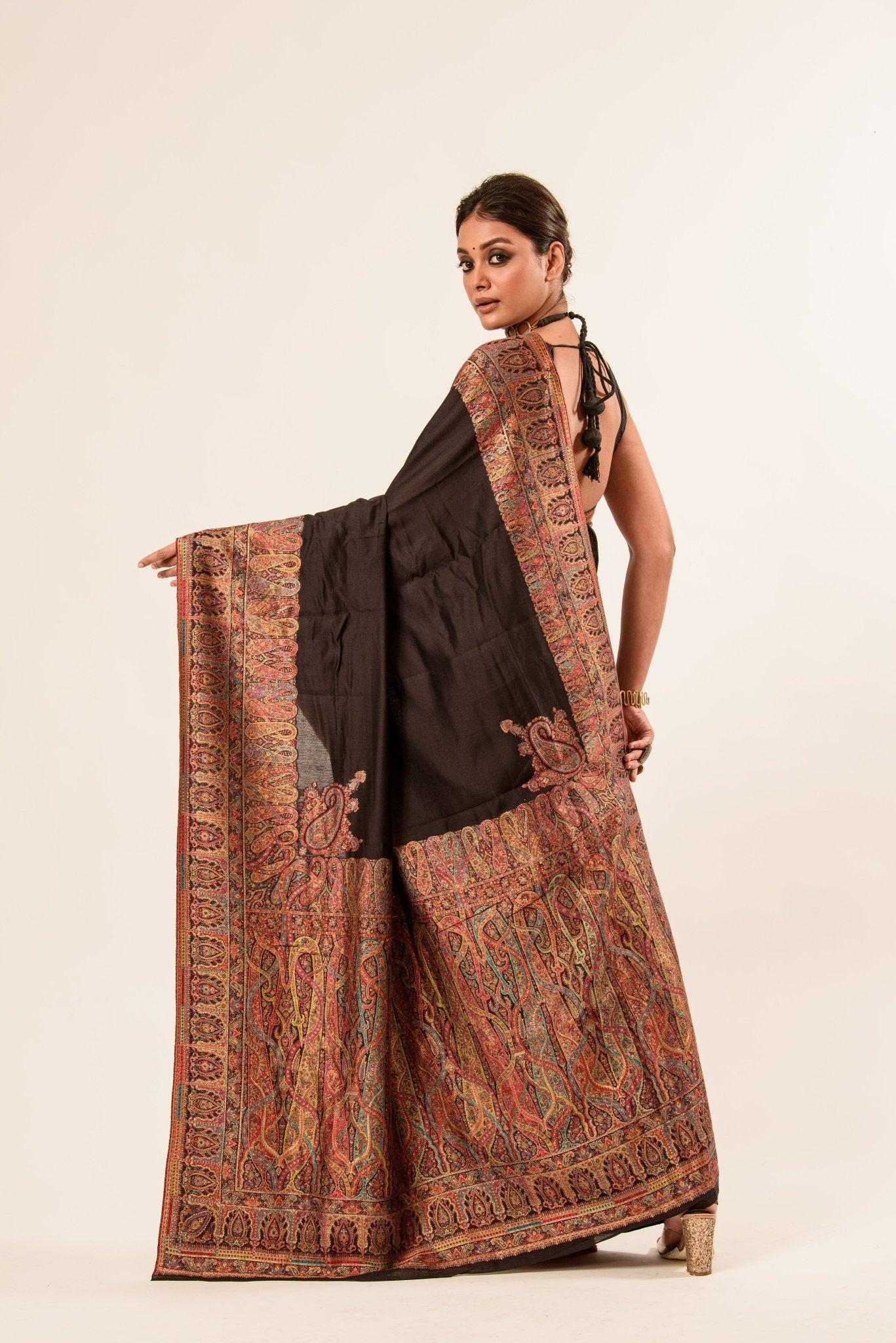 Black Pashmina Handwoven Silk Saree -Anvi Couture