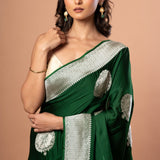 Green Handwoven Pure Mashru Banarasi Satin Silk Saree - Anvi Couture