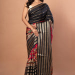 Black & Pink Satin Silk Designer Saree with Golden Woven stripped - Anvi Couture