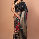 Black & Pink Satin Silk Designer Saree with Golden Woven stripped - Anvi Couture