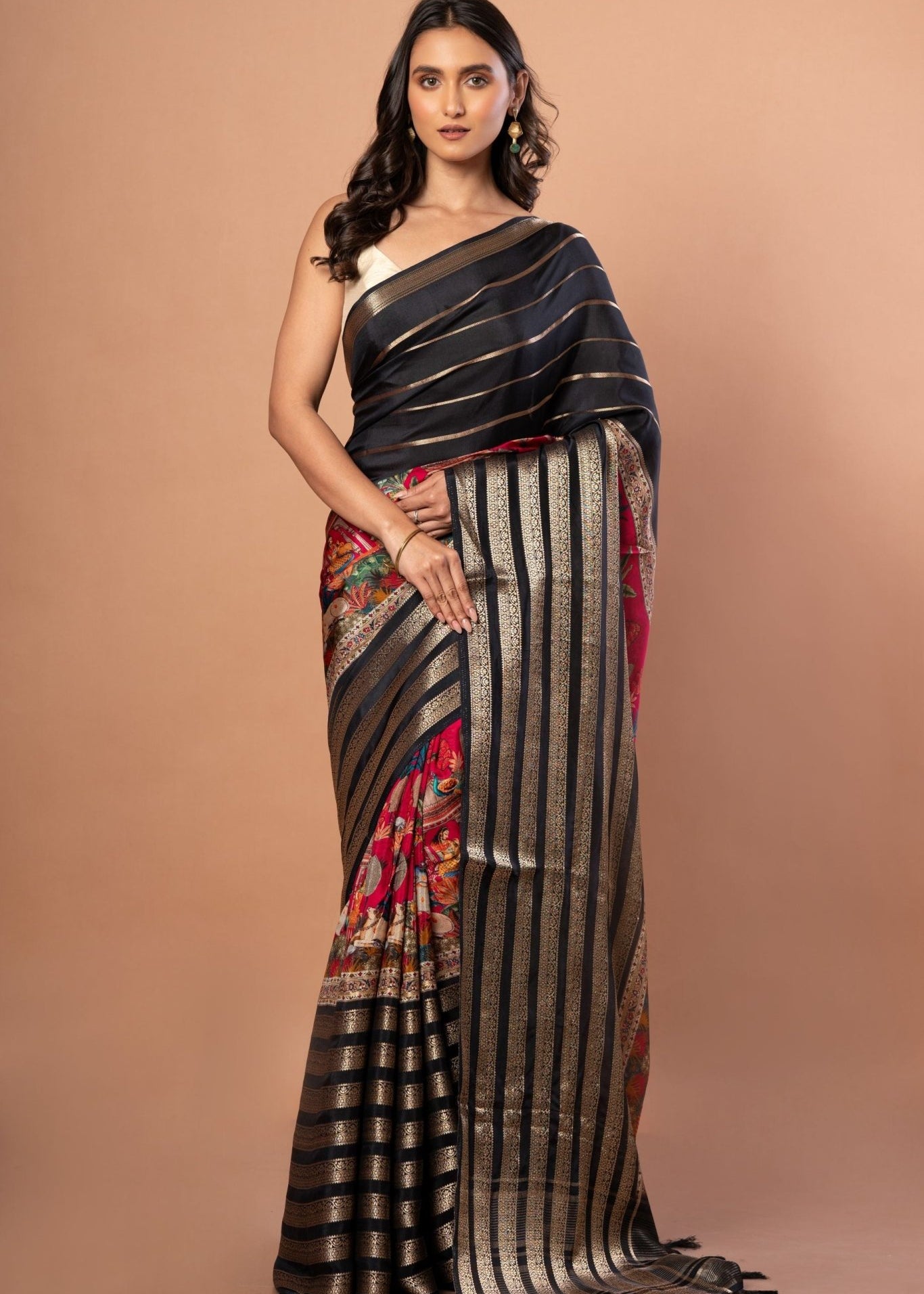 Black & Pink Satin Silk Designer Saree with Golden Woven stripped - Anvi Couture