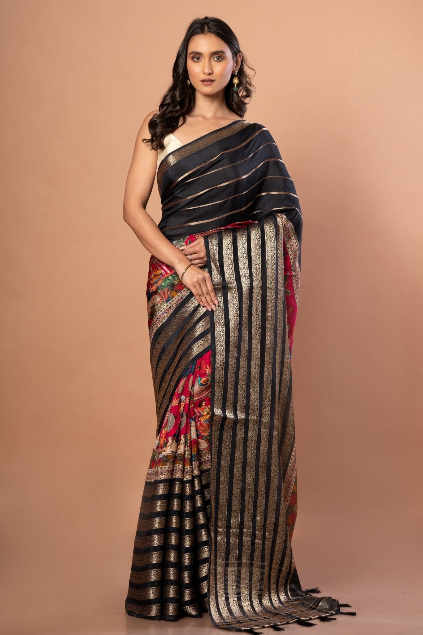 Black & Pink Satin Silk Designer Saree with Golden Woven stripped - Anvi Couture