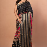 Black & Pink Satin Silk Designer Saree with Golden Woven stripped - Anvi Couture