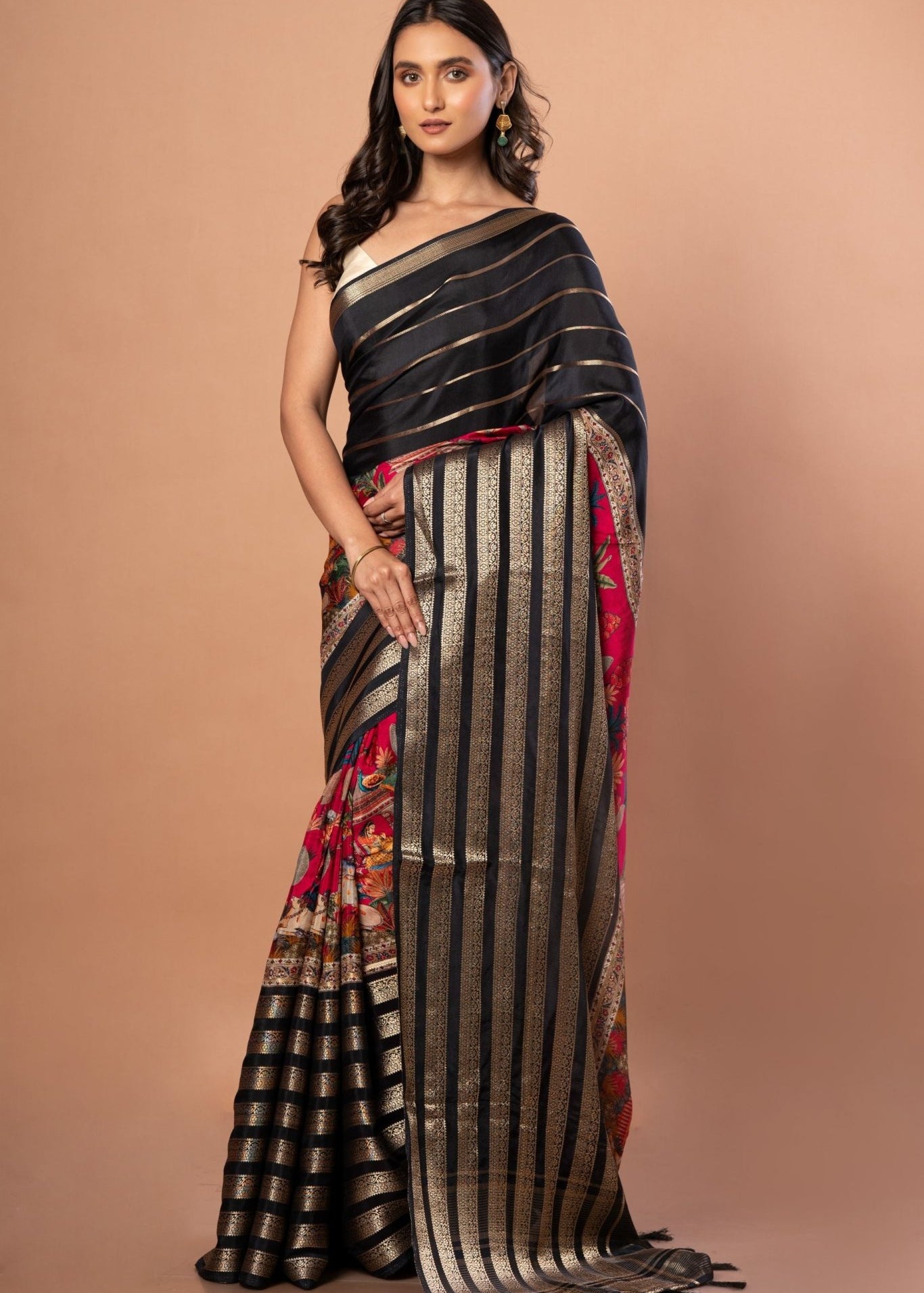 Black & Pink Satin Silk Designer Saree with Golden Woven stripped - Anvi Couture