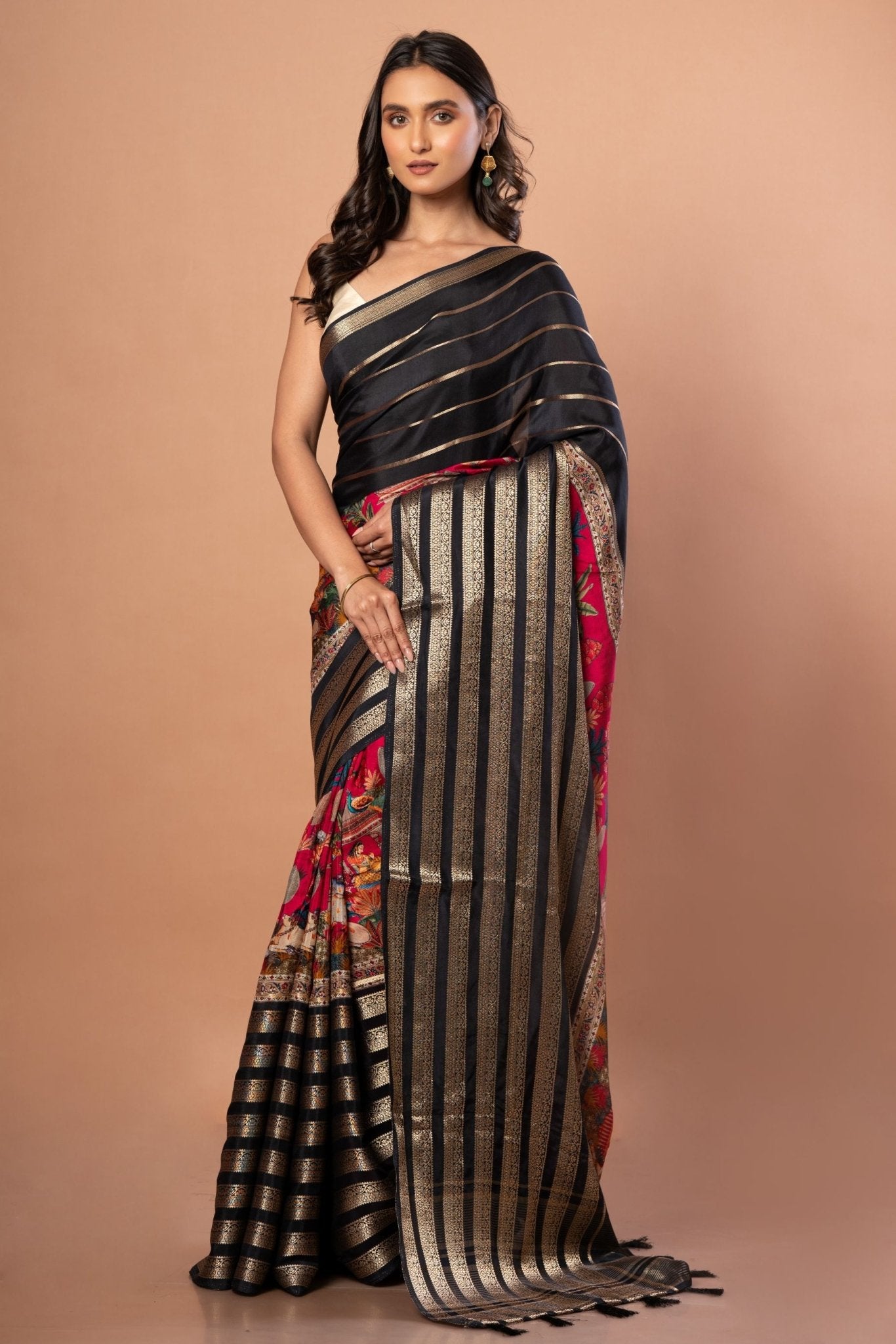 Black & Pink Satin Silk Designer Saree with Golden Woven stripped - Anvi Couture