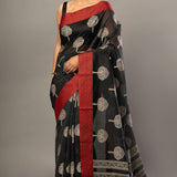 Black Printed Cotton Kota Saree With Red Woven Border - Anvi Couture