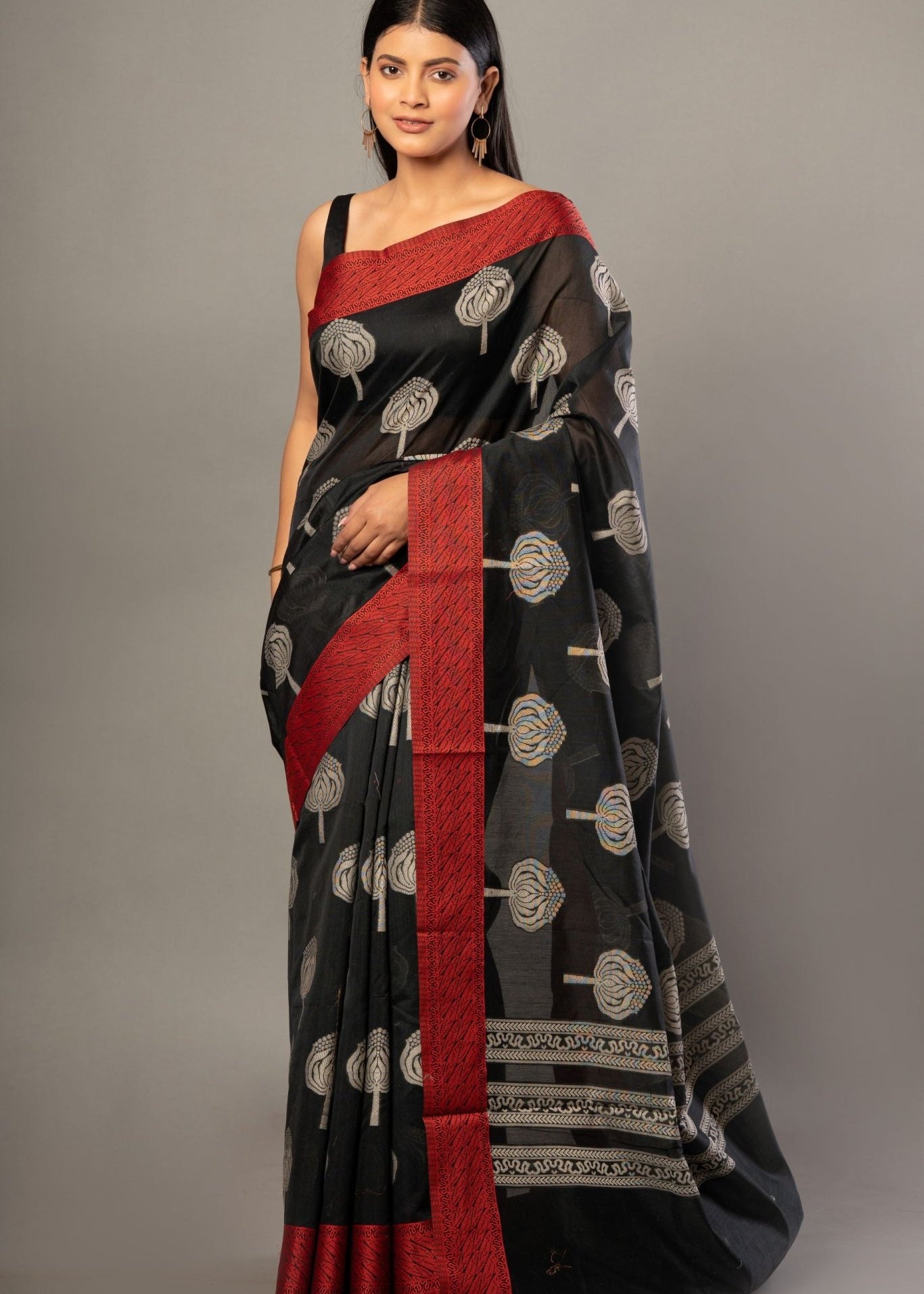Black Printed Cotton Kota Saree With Red Woven Border - Anvi Couture