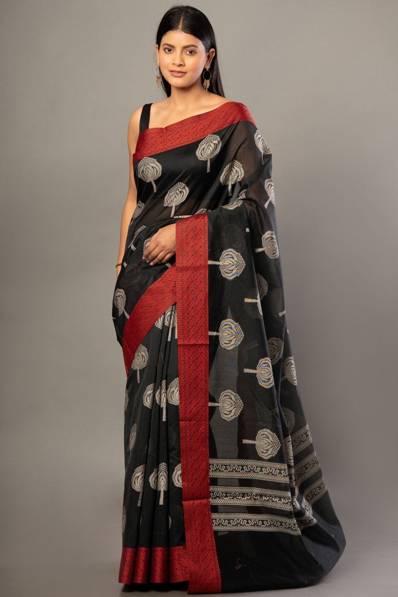 Black Printed Cotton Kota Saree With Red Woven Border - Anvi Couture