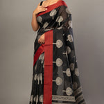 Black Printed Cotton Kota Saree With Red Woven Border - Anvi Couture