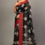 Black Printed Cotton Kota Saree With Red Woven Border - Anvi Couture