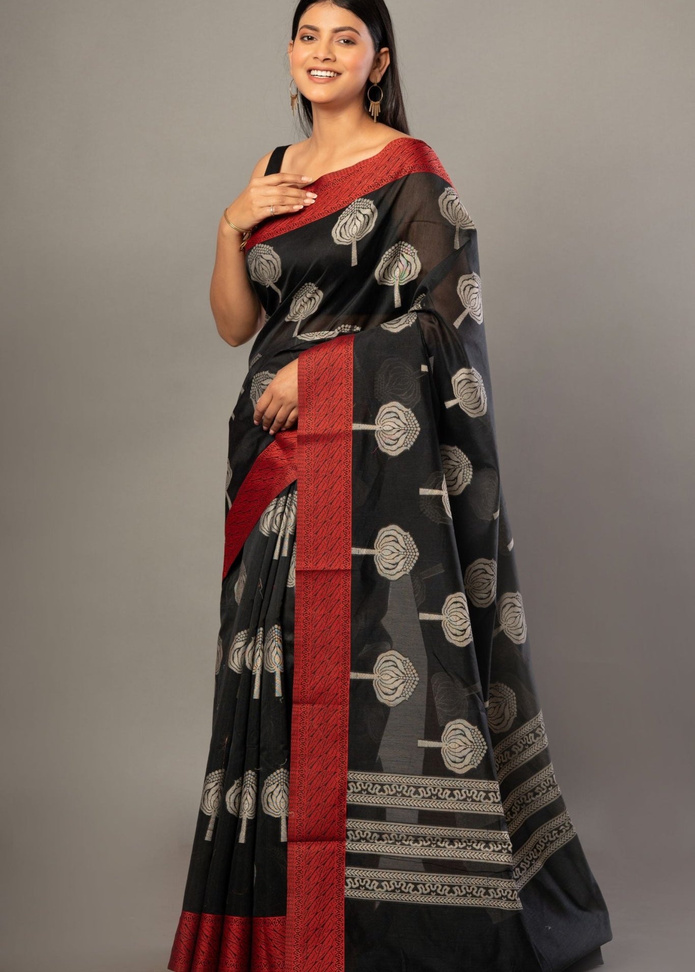 Black Printed Cotton Kota Saree With Red Woven Border - Anvi Couture