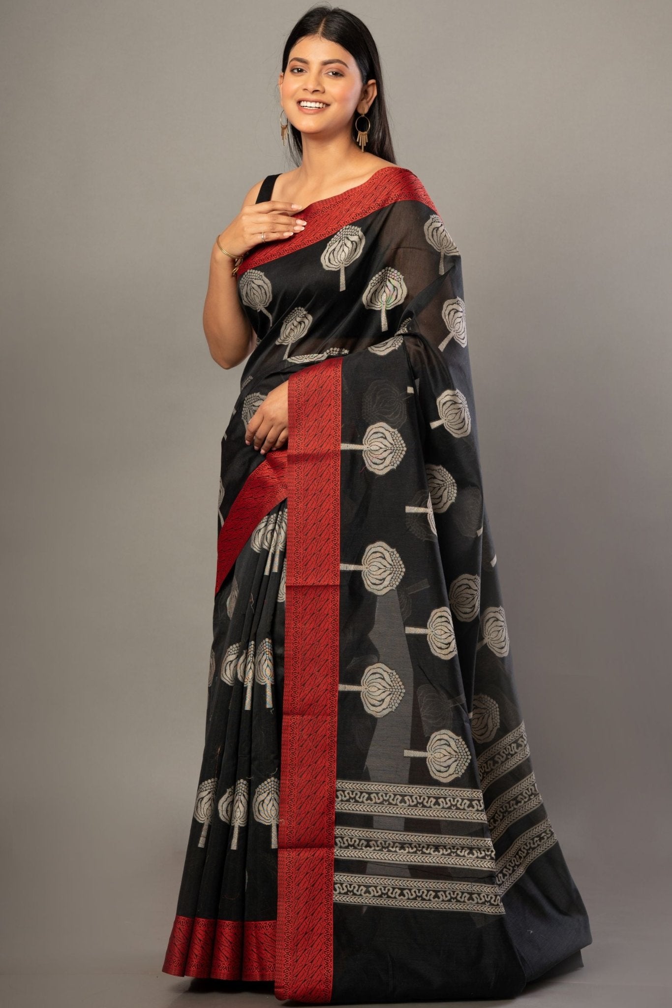 Black Printed Cotton Kota Saree With Red Woven Border - Anvi Couture