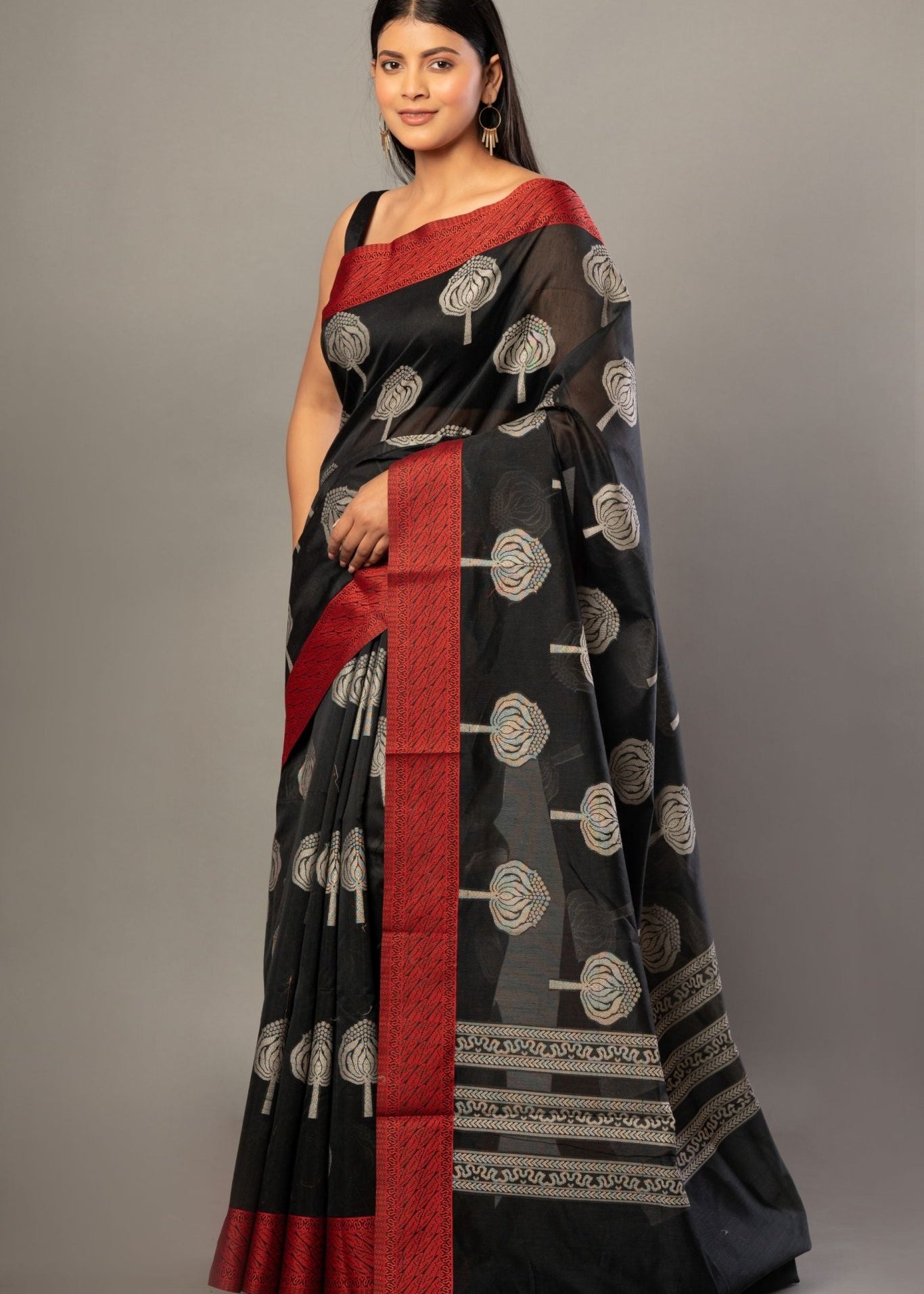 Black Printed Cotton Kota Saree With Red Woven Border - Anvi Couture