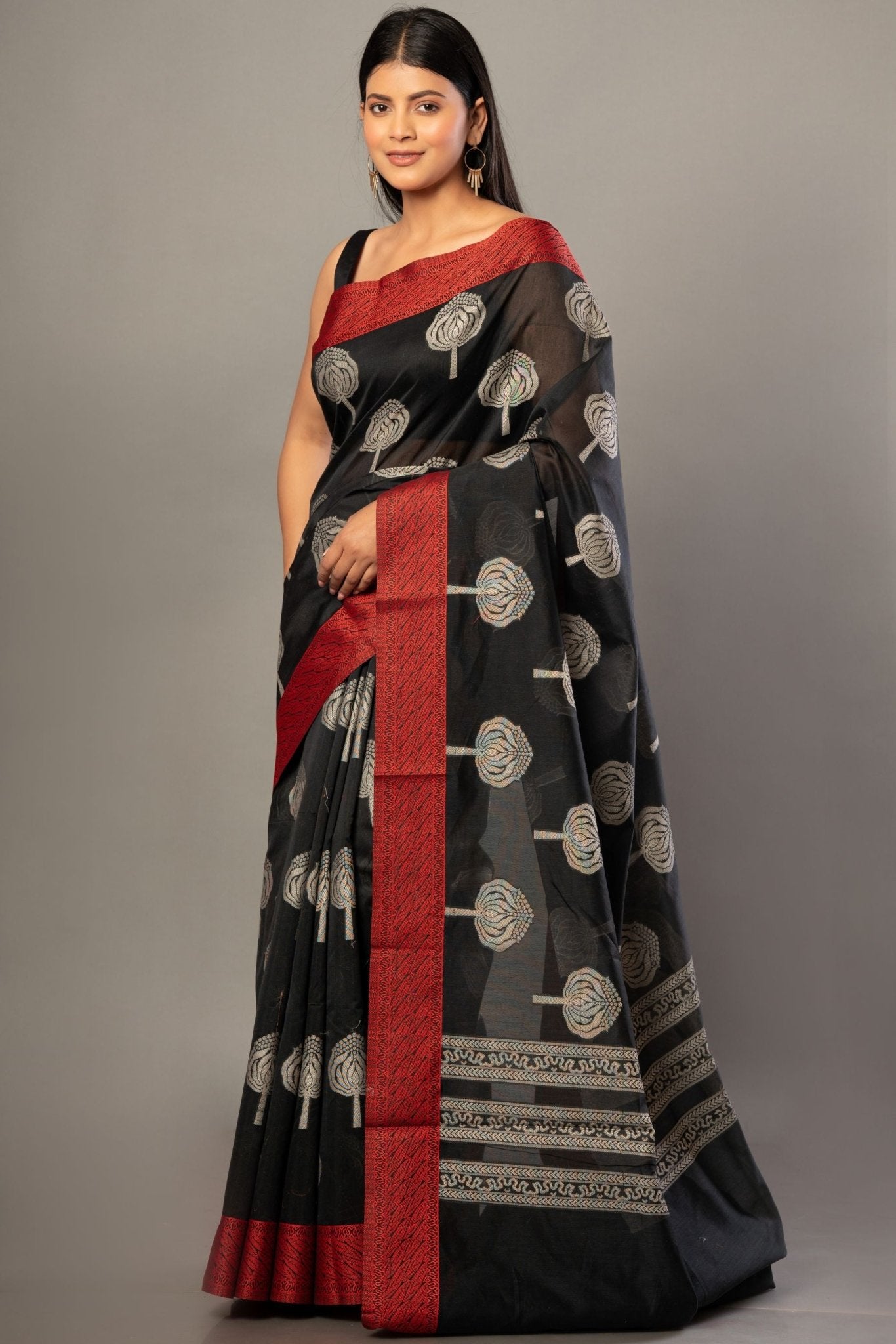 Black Printed Cotton Kota Saree With Red Woven Border - Anvi Couture