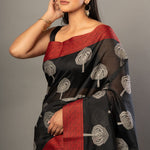 Black Printed Cotton Kota Saree With Red Woven Border - Anvi Couture