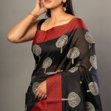 Black Printed Cotton Kota Saree With Red Woven Border - Anvi Couture