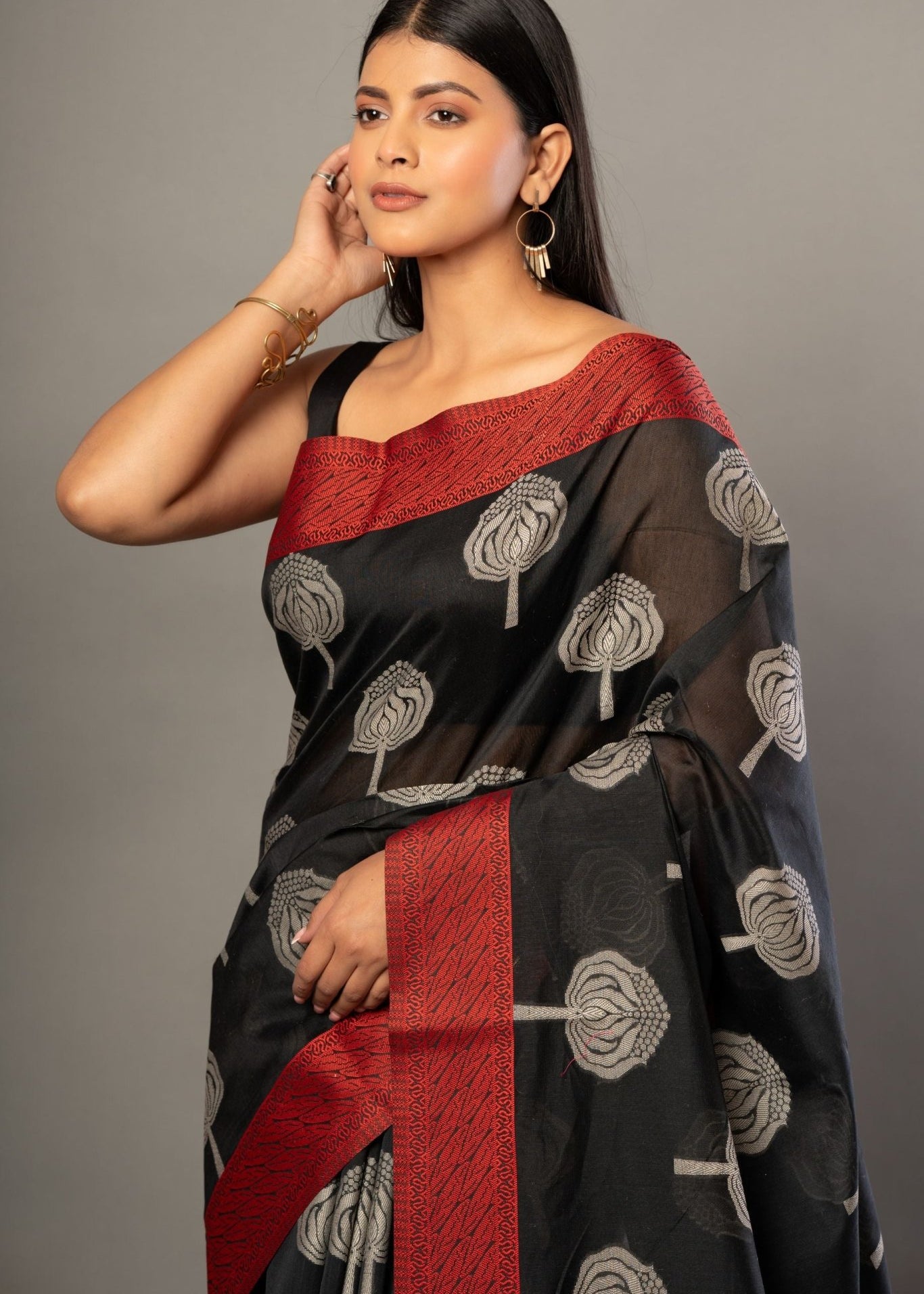 Black Printed Cotton Kota Saree With Red Woven Border - Anvi Couture