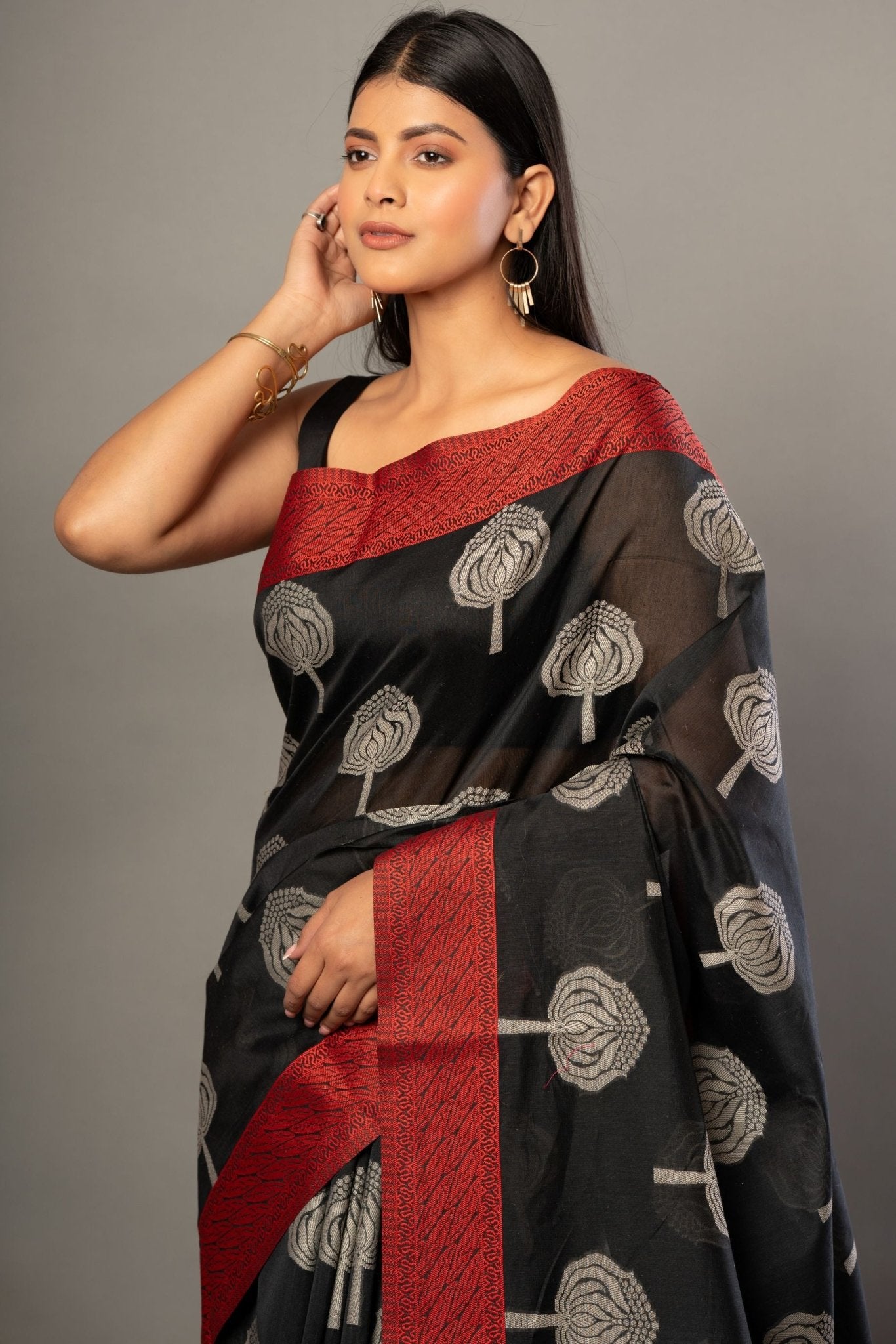 Black Printed Cotton Kota Saree With Red Woven Border - Anvi Couture