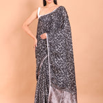 Black Printed Handloom Printed Cotton Saree - Anvi Couture