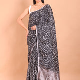 Black Printed Handloom Printed Cotton Saree - Anvi Couture