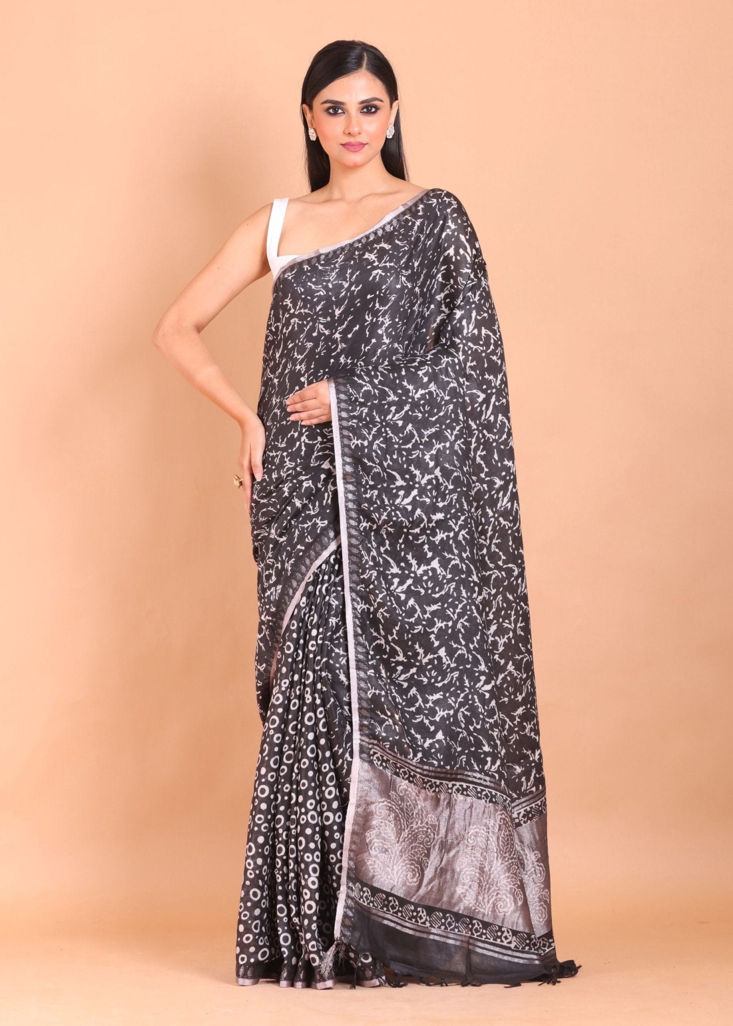 Black Printed Handloom Printed Cotton Saree - Anvi Couture