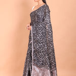 Black Printed Handloom Printed Cotton Saree - Anvi Couture