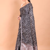 Black Printed Handloom Printed Cotton Saree - Anvi Couture