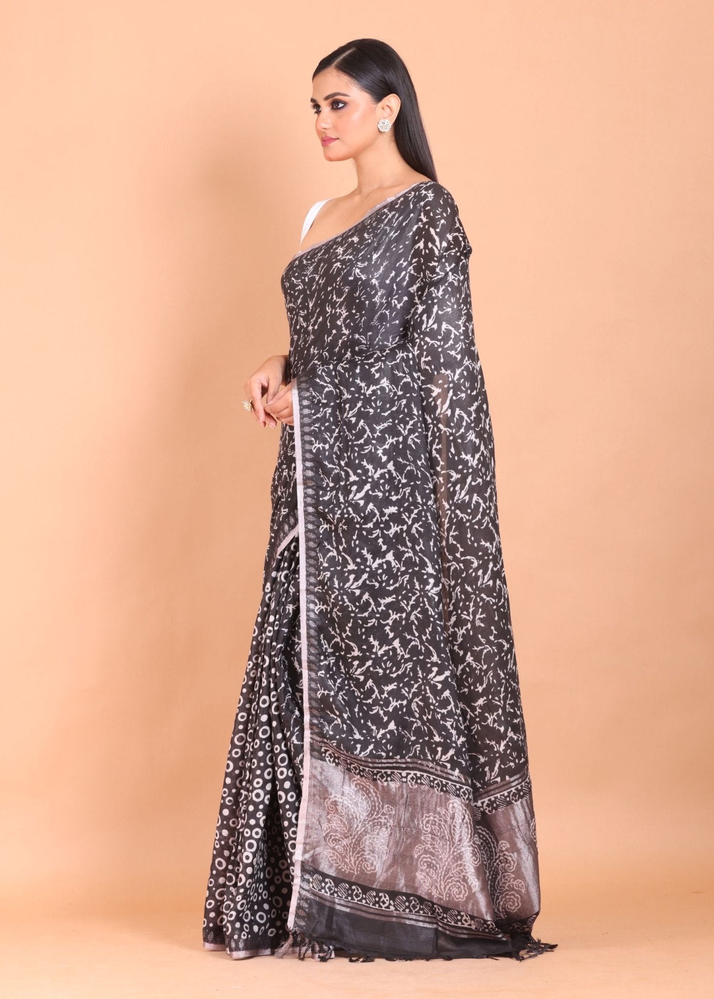 Black Printed Handloom Printed Cotton Saree - Anvi Couture
