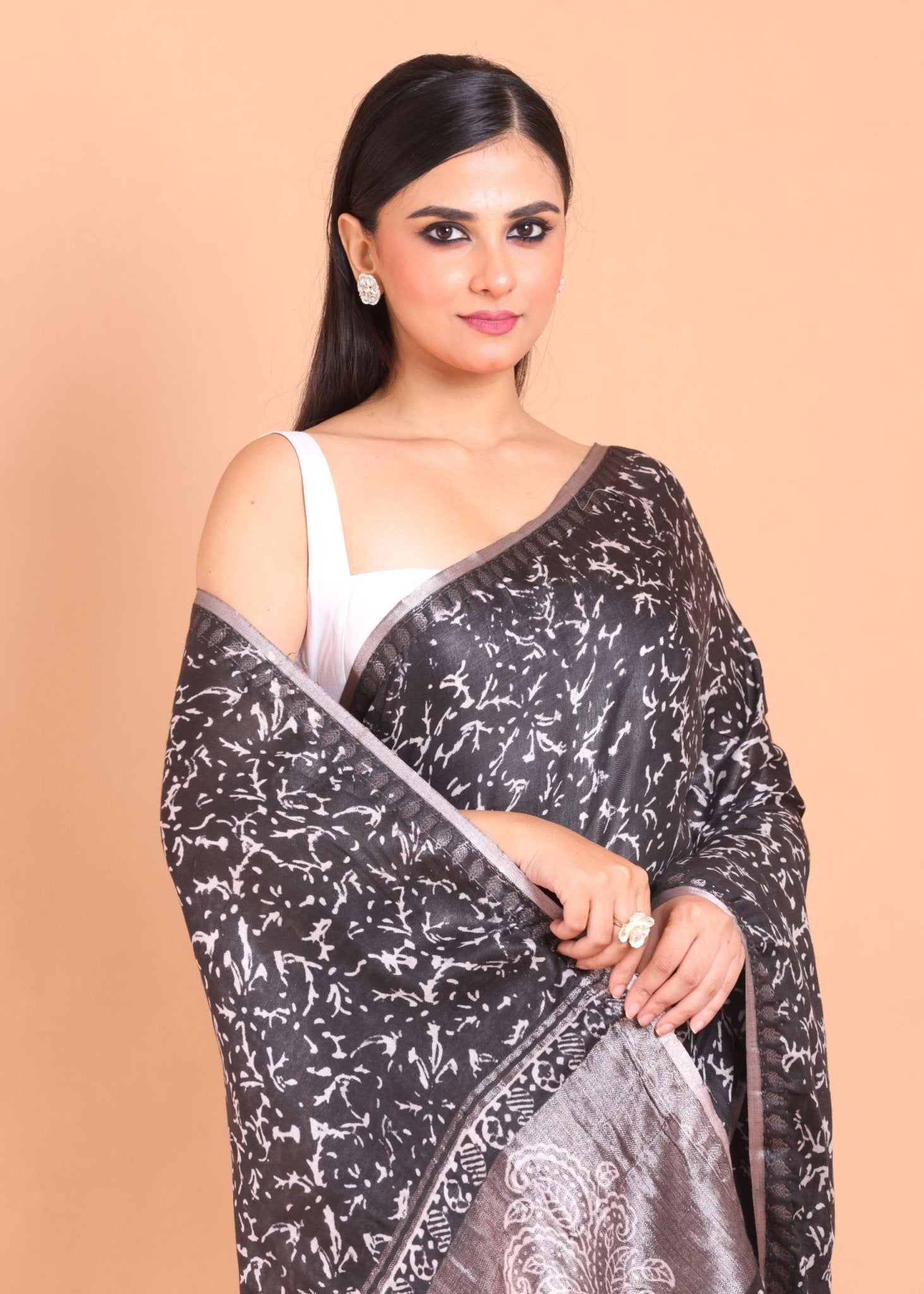 Black Printed Handloom Printed Cotton Saree - Anvi Couture