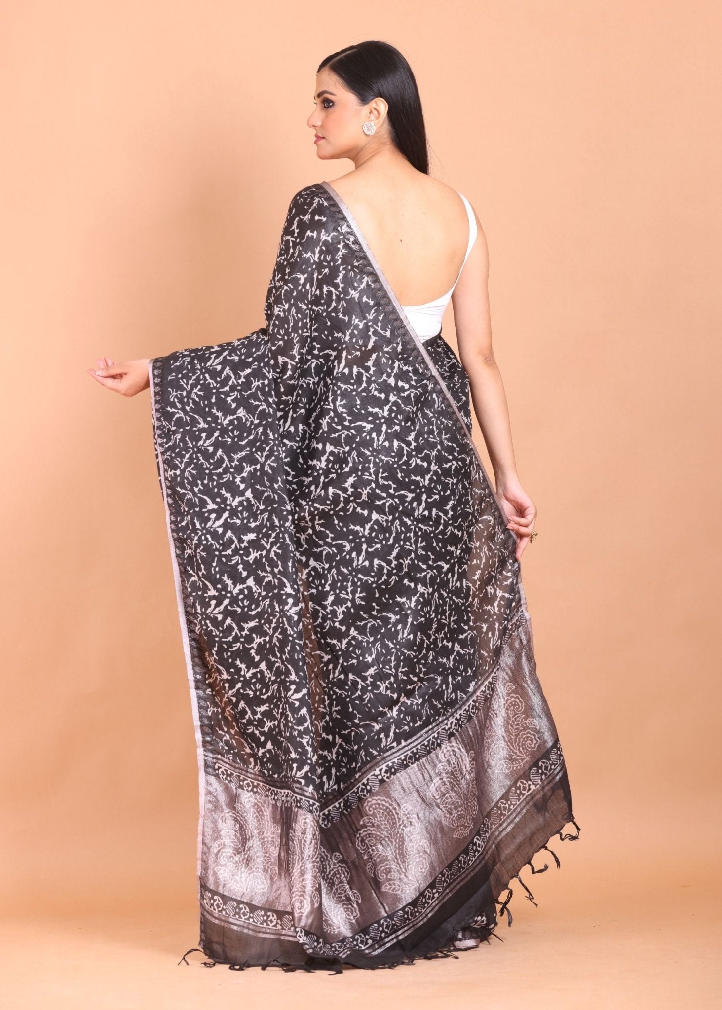 Black Printed Handloom Printed Cotton Saree - Anvi Couture